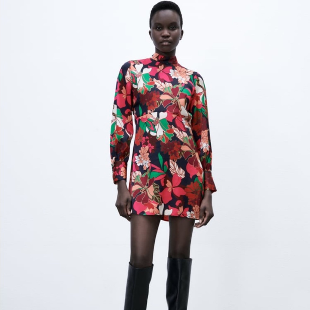 Flower pattern mock neck mini dress